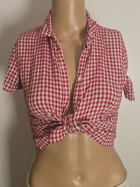 Vintage Red Stretch Gingham mother Of Pearl Button- Front - M